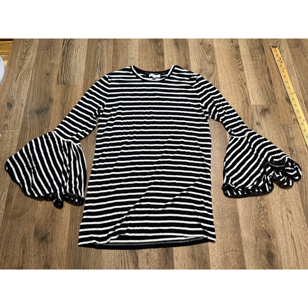 MAETTE Shirts Women Size S Black White Long Sleeve Bell Sleeve Ruffle Hem